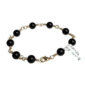 Hand Crafted Black Obsidian & Gold Tone Copper Wire Wrapped Beaded Bracelet Sz 7
